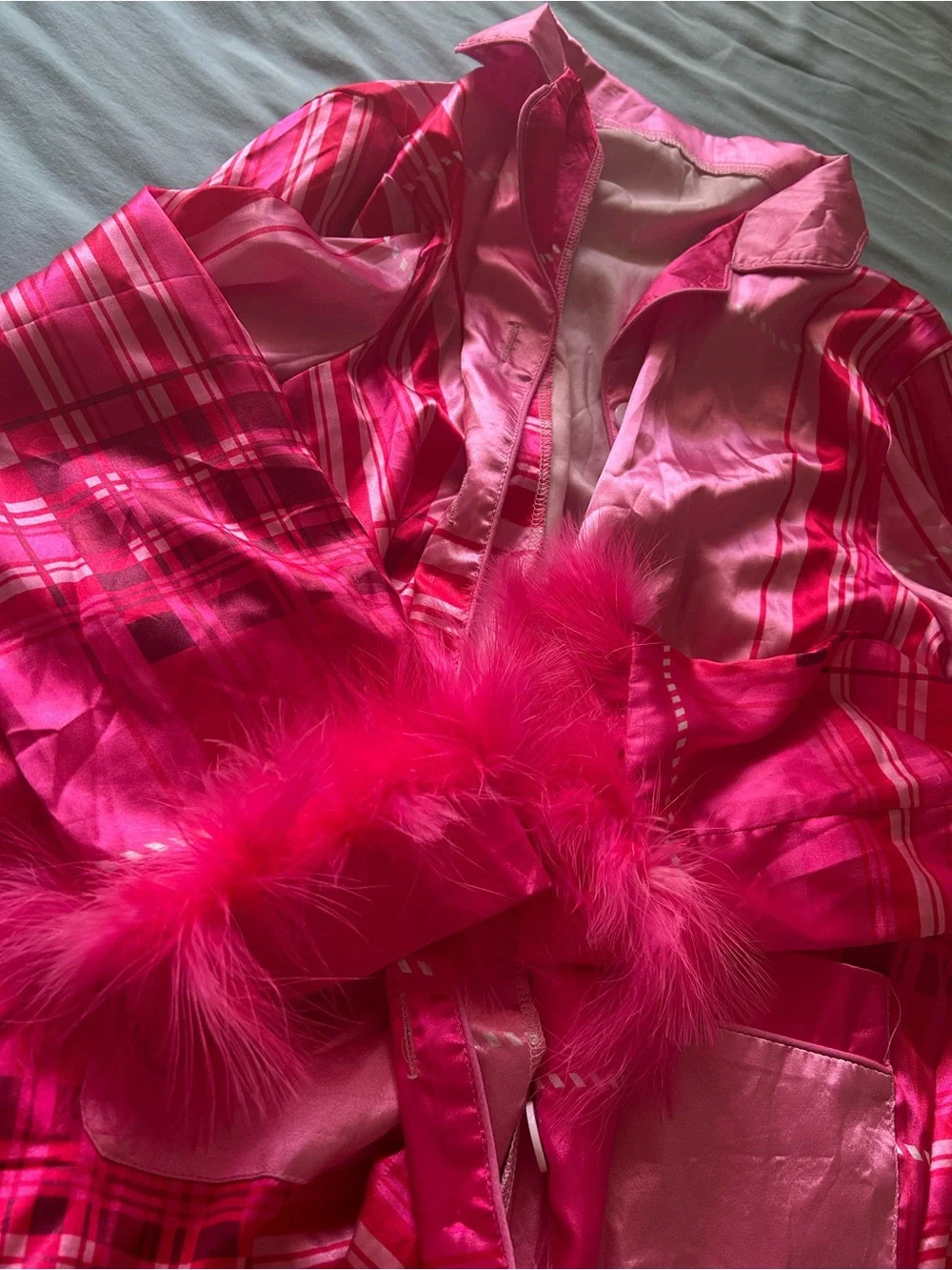 Pink plaid pajama set with feather trim